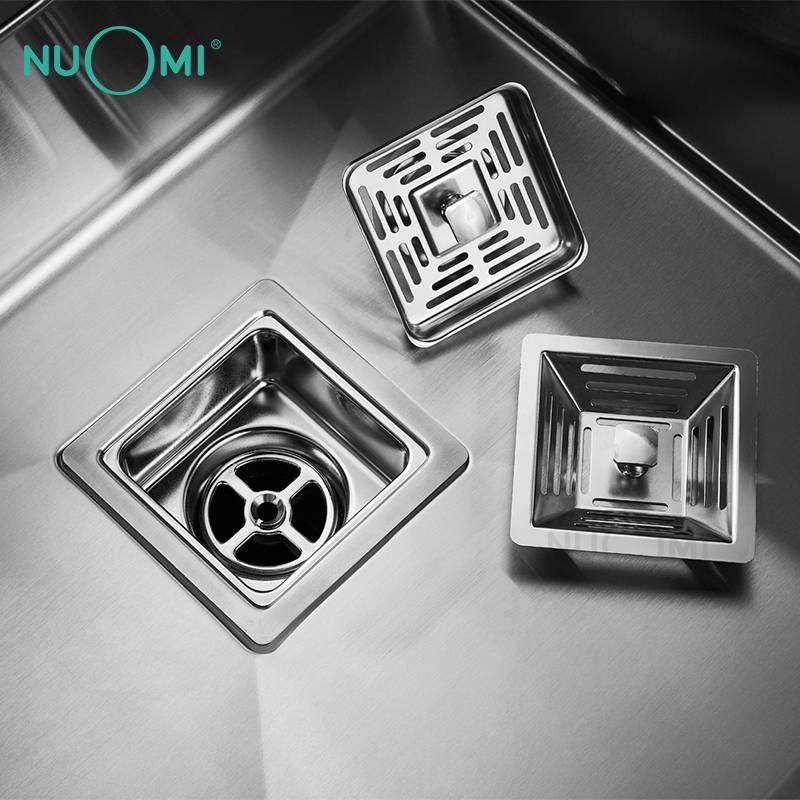 NUOMI MOND Series Asymmetrical Double Bowl Kitchen Sinks with Two Layer Plunger