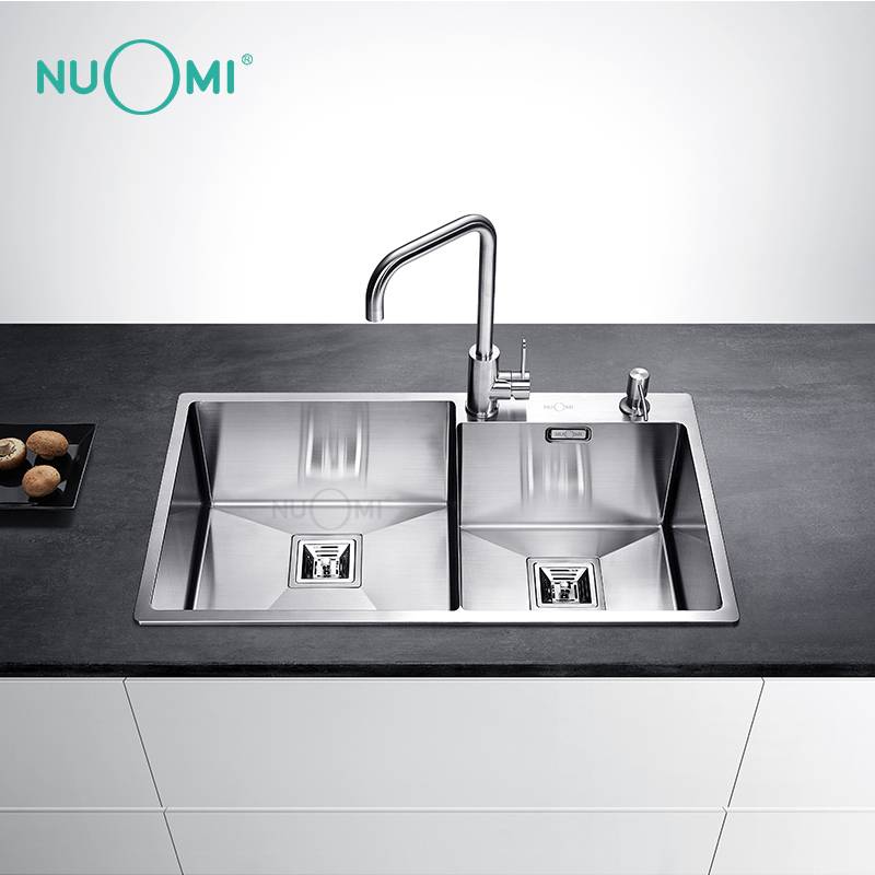 NUOMI MOND Series Asymmetrical Double Bowl Kitchen Sinks with Two Layer Plunger